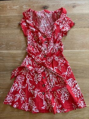 Free People Red & White Floral Button-Front Mini Dress with Waist Tie